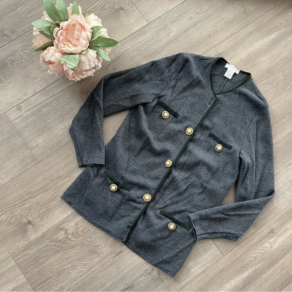 Vintage Express Grey & Black Trim Pearl Button Wool Sweater Cardigan - Picture 1 of 6
